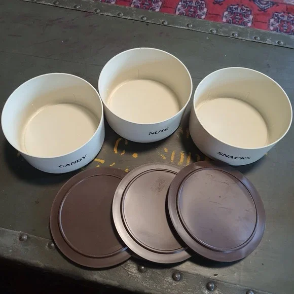 Vintage Stanley Home Products Cream And Brown Lidded Stackable Canisters Storage - Picture 4 of 5